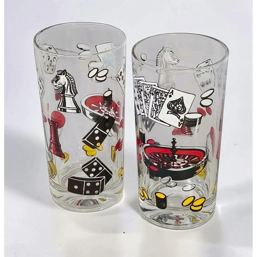 Vintage Hazel Atlas Casino Game Night Glasses Set of 2 Poker Dice Cards Barware